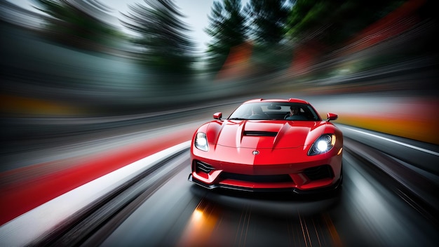 Foto de un vibrante coche deportivo rojo acelerando por una carretera panorámica