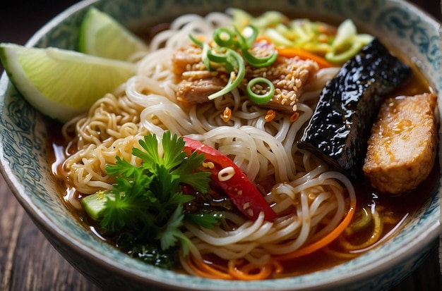 Una foto vibrante del cuenco de ramen con guarnición