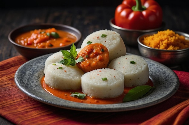 foto vibrante de Idli com um lado de pimenta chu