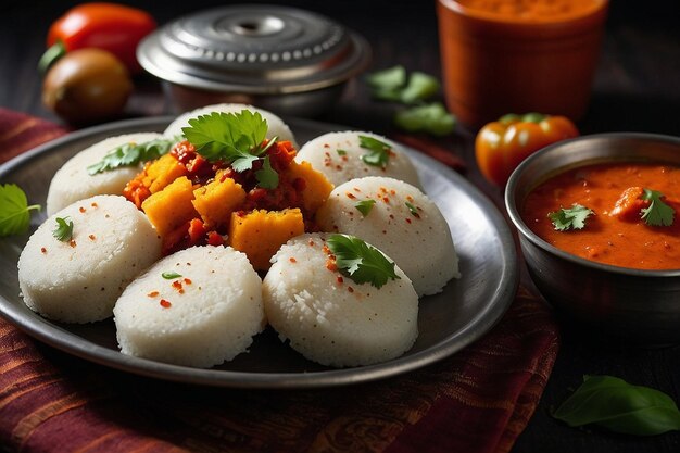 Foto foto vibrante de idli com um lado de pimenta chu