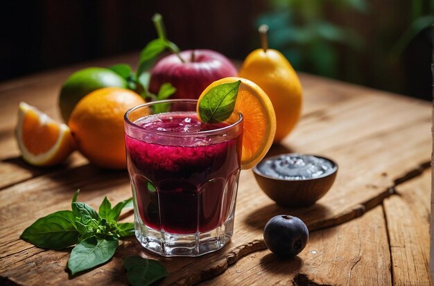 foto vibrante de suco saudável em mesa de madeira