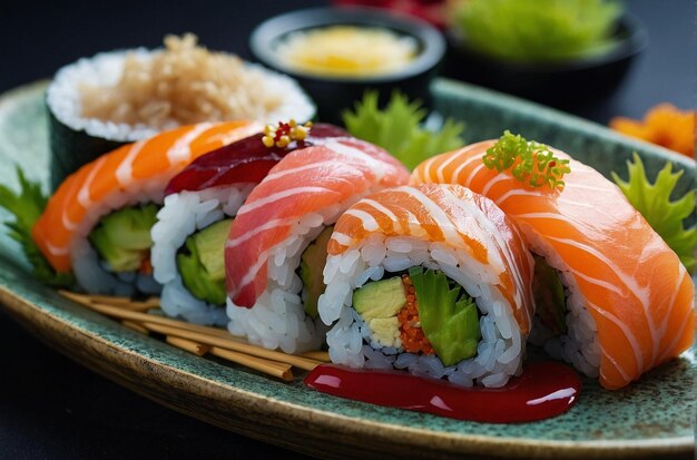 foto vibrante de Sushi em forma de barco único