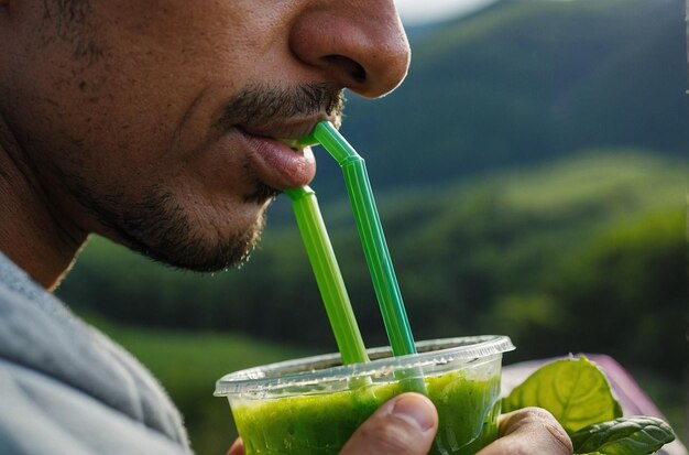 foto vibrante de uma pessoa a beber suco verde através