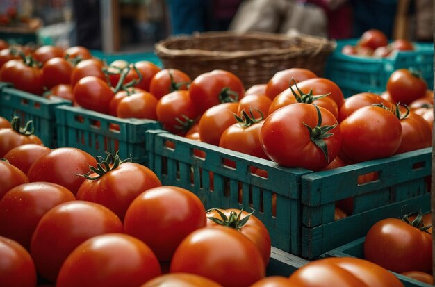 foto vibrante de la escena del mercado con tomates frescos