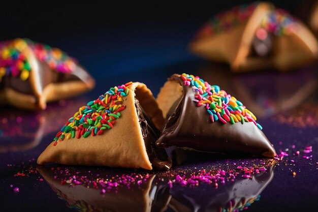 Una foto vibrante de galletas de la fortuna en chocolate