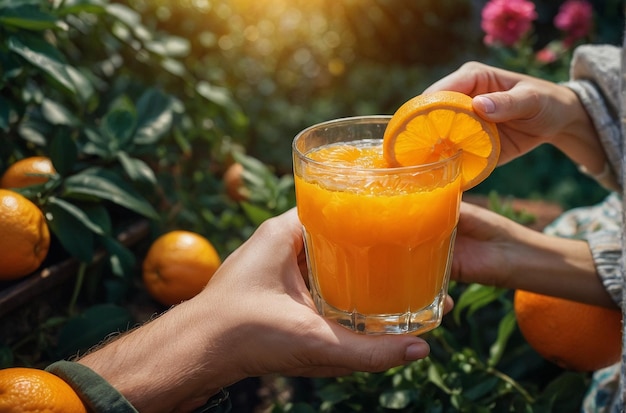 Una foto vibrante de Holding OJ en el jardín