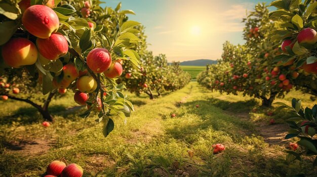 Una foto de un vibrante huerto de manzanas en el campo