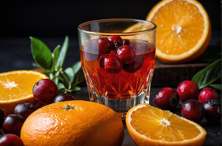 Una foto vibrante de jugo de naranja con guarnición de arándano