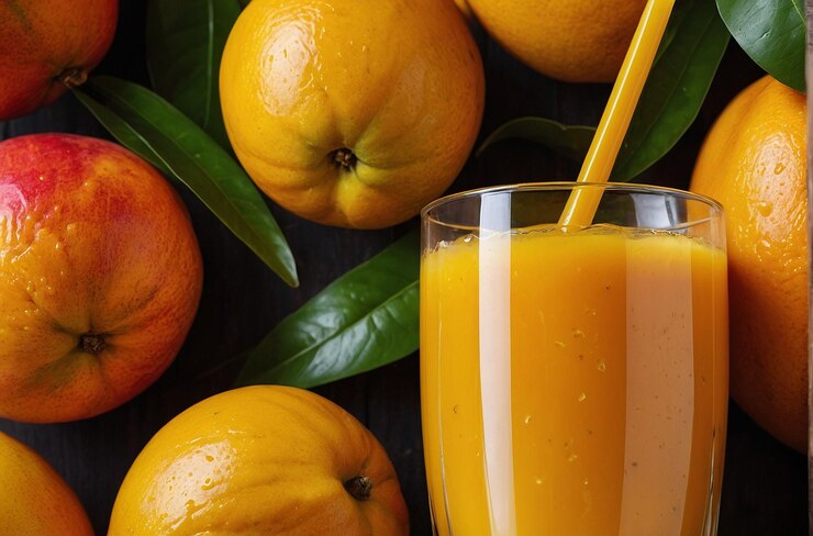 Una foto vibrante de jugo de naranja con guarnición de mango
