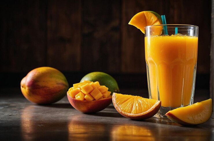 Una foto vibrante de jugo de naranja con guarnición de mango