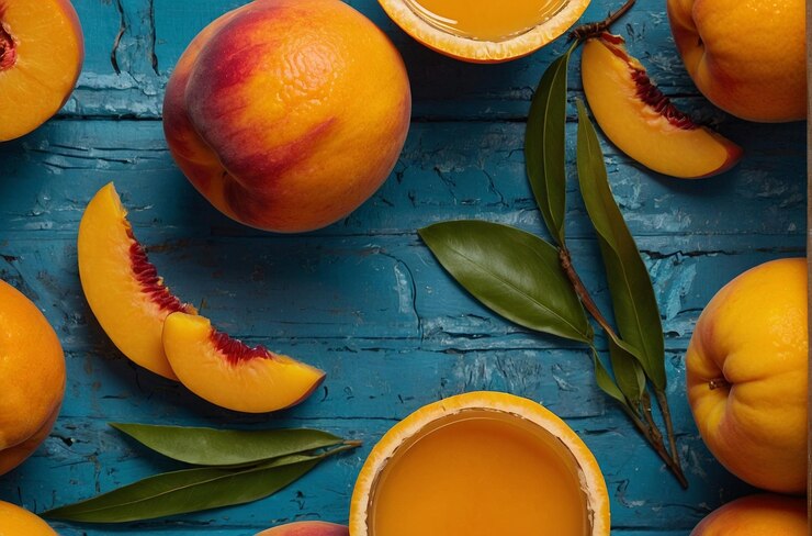Una foto vibrante de jugo de naranja con guarnición de melocotón
