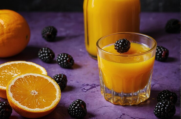 Una foto vibrante de jugo de naranja con rebanada de frambuesa