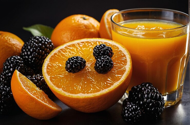 Una foto vibrante de jugo de naranja con rebanada de frambuesa