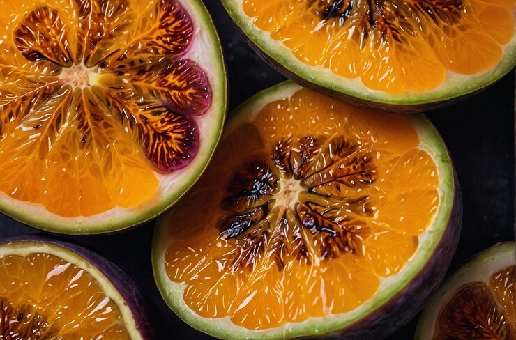 Una foto vibrante de jugo de naranja con rebanada de higo