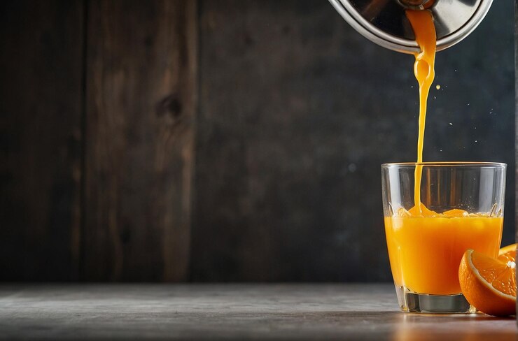 Una foto vibrante de jugo de naranja recién exprimido