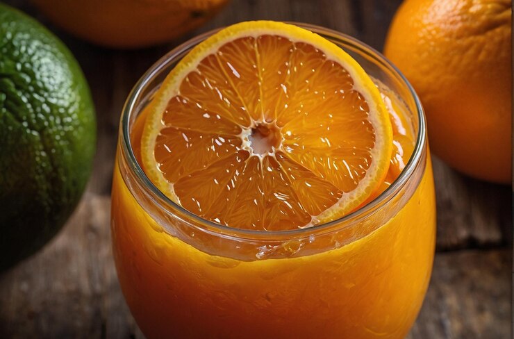 Una foto vibrante de jugo de naranja recién exprimido