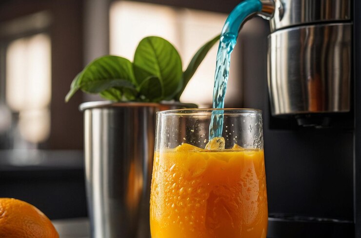 Una foto vibrante de jugo de naranja recién exprimido