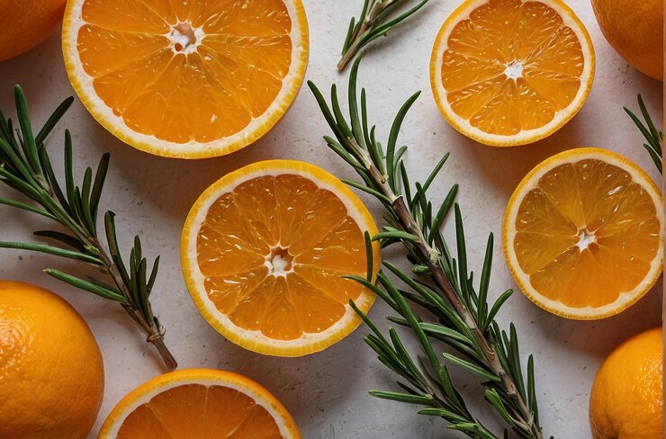 Una foto vibrante de jugo de naranja con romero