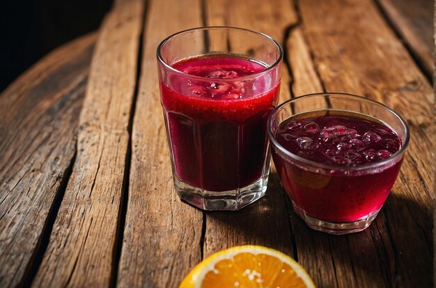 Una foto vibrante de jugo saludable en una mesa de madera