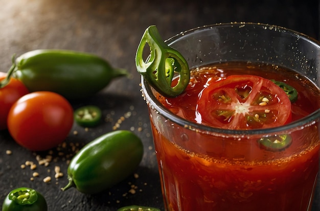 Una foto vibrante de jugo de tomate con jalapeno sli