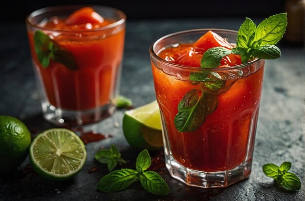 foto vibrante de jugo de tomate con lima y menta