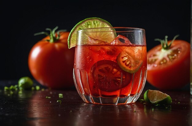 foto vibrante de jugo de tomate con una rebanada de lima