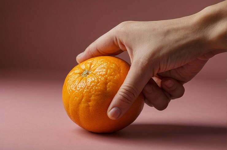 Una foto vibrante de la mano apretando una naranja para el jugo