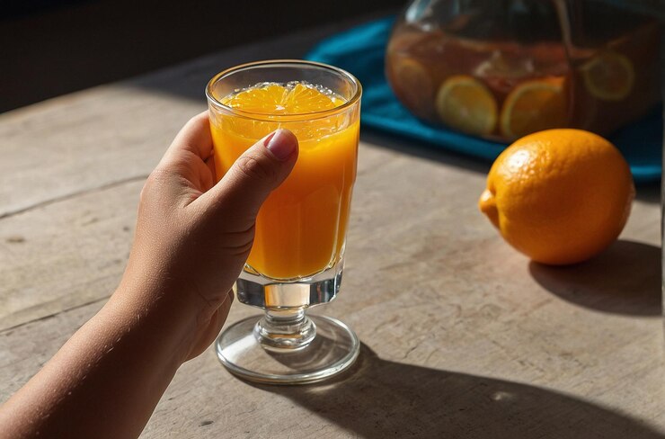 Una foto vibrante de la mano de Childs con un vaso de OJ
