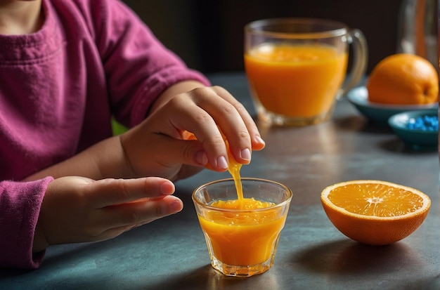 Una foto vibrante de la mano de Childs con vidrio de OJ