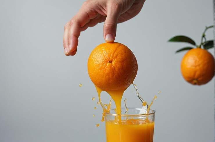 Una foto vibrante de la mano exprimiendo jugo de naranja fresco