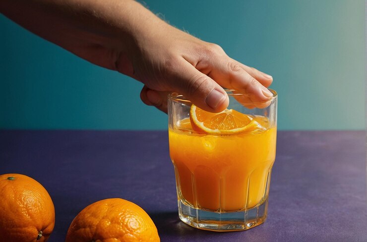 Una foto vibrante de una mano sosteniendo un vaso de jugo de naranja.