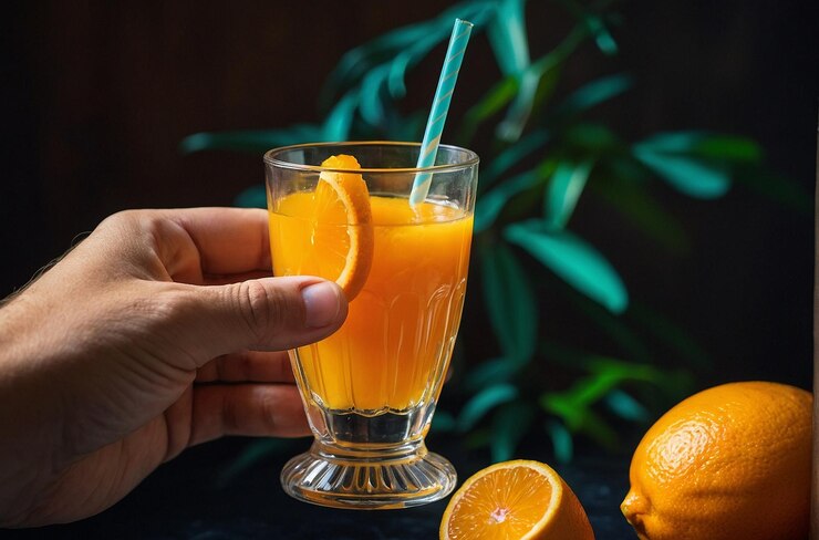 foto vibrante de la mano sosteniendo el vaso de OJ