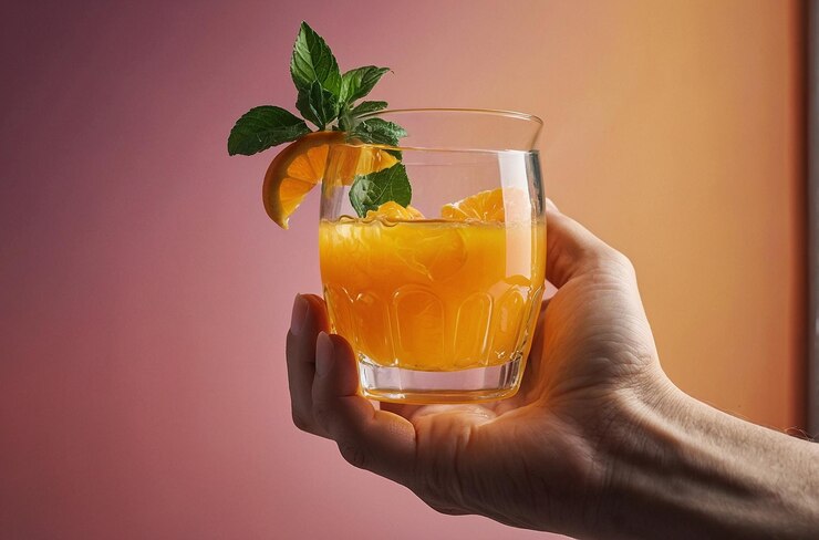 foto vibrante de la mano sosteniendo el vaso de OJ