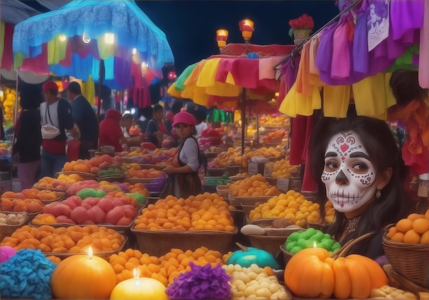 Foto de un vibrante mercado callejero durante el Día de Muertos