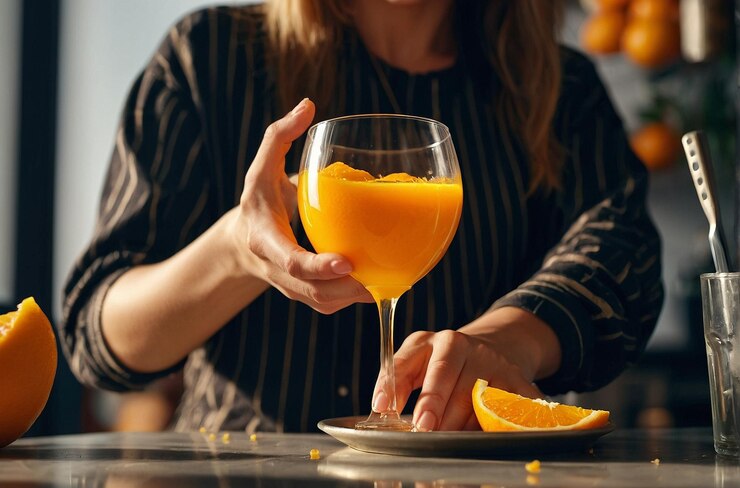 Una foto vibrante de una mujer vertiendo jugo de naranja.
