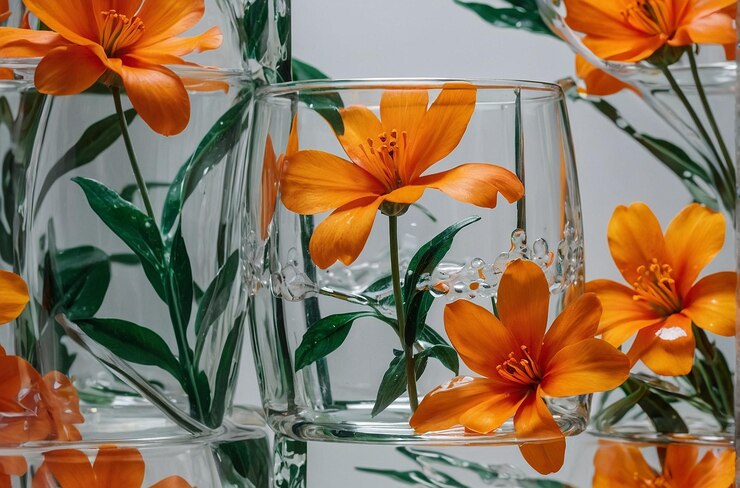 Una foto vibrante de OJ Glass con flores de naranja