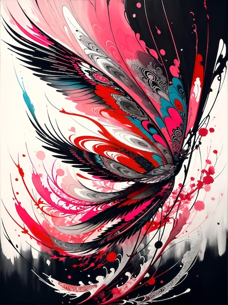Foto de una vibrante pintura de plumas contra un telón de fondo oscuro