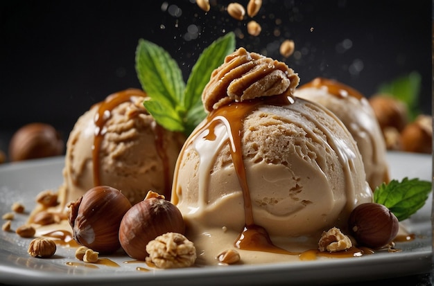 Una foto vibrante del plato de helado de avellanas