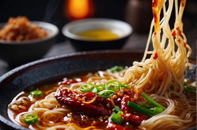 Una foto vibrante de Ramen con aceite de chile picante