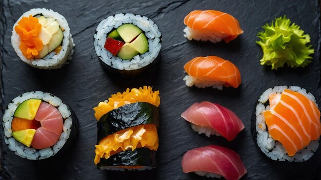 Una foto vibrante de Sushi Roll Variety en la pizarra