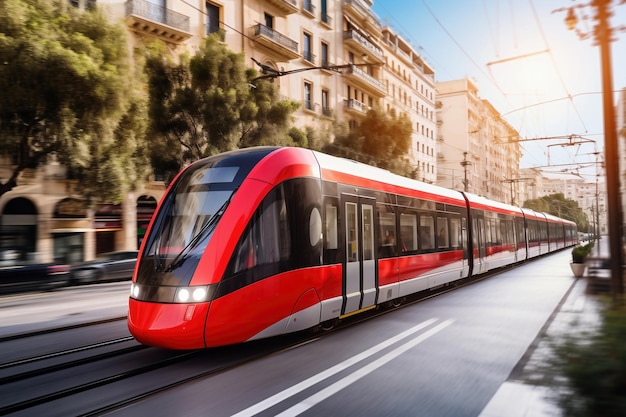 Foto foto de un vibrante tren o tranvía rojo y blanco acelerando por las vías del tren en la ciudad