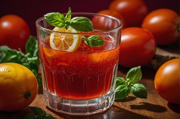 foto vibrante de un vaso de jugo de tomate con