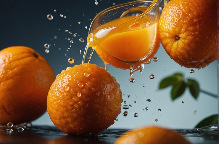 Una foto vibrante de verter jugo de naranja con lichi