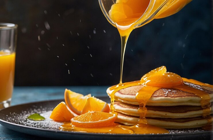 Una foto vibrante de verter jugo de naranja en los panqueques