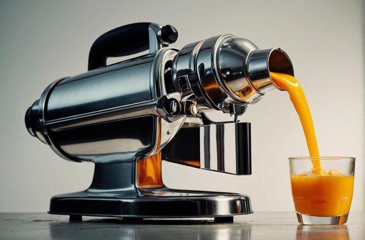 Una foto vibrante de Vintage Juicer vertiendo OJ