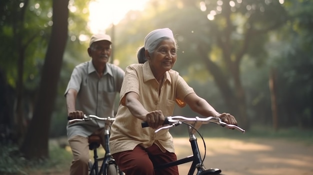 Foto de una vieja pareja india en forma montando bicicleta