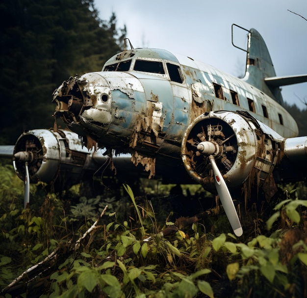 Foto viejo avión abandonado en el bosque ai generado