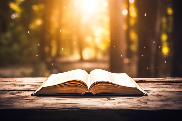 Foto viejo libro abierto sobre fondo de madera oscura En el fondo con el amanecer en el bosque