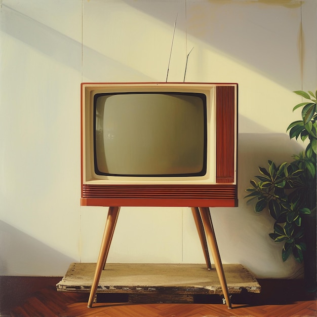 Foto de un viejo televisor vintage en un fondo colorido al estilo de la inspiración retro