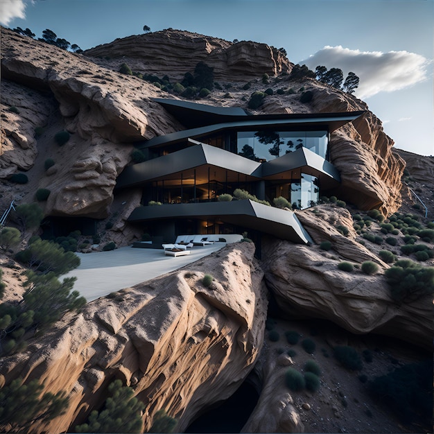 Foto de una villa moderna construida a la perfección en la ladera de una montaña con una pasarela impresionante